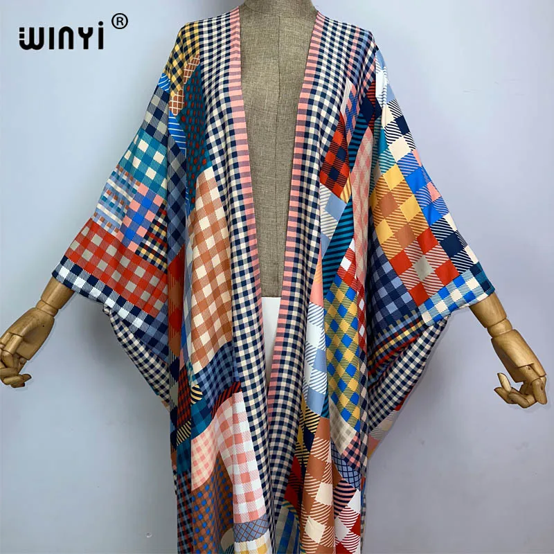 WINYI Women Casual African Kaftan Robe Graffiti print long Sleeve Beach Cover up Maxi Dress Summer Long Kimono Dress Beach Wear