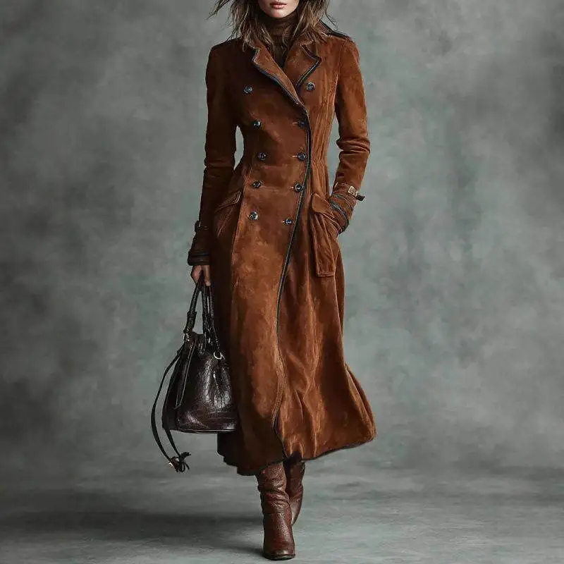 

Autumn Winter Women's Suede Coat Long Collar Western Style Extended Length Windbreaker Fashionable Ladies' Outerwear