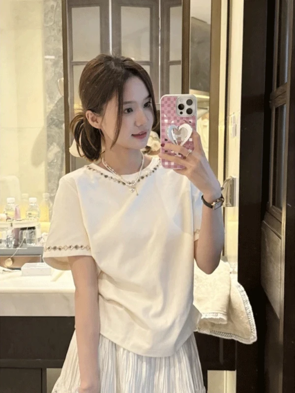 

plus Size Women's round Neck Short Sleeve T-Shirt Glitter Korean Style Summer Design Sensation Small Size Half Sleeve Top Trendy