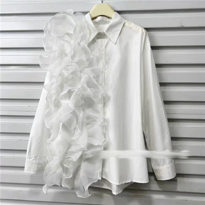 

SuperAen 2024 Autumn and Winter Fashion Three-dimensional Mesh Flower Ruffle Irregular Splicing Long Sleeved Shirt