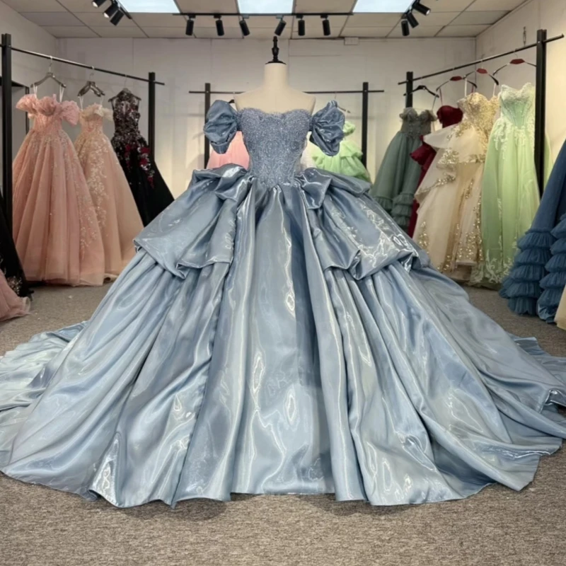 

Navy Blue Quinceanera Dresses Ball Gown Off The Shoulder Beading Crystal Party Birthday Sweet 16 Dress Vestidos 15 De Anos