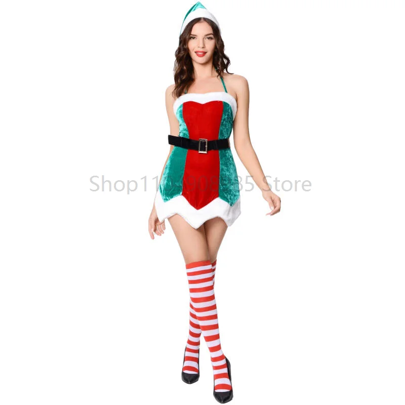 クリスマス女性セクシーなグリーンエルフコスプレドレスベルト帽子エルフスーツカーニバルパーティーファンシードレス新年クリスマス衣装