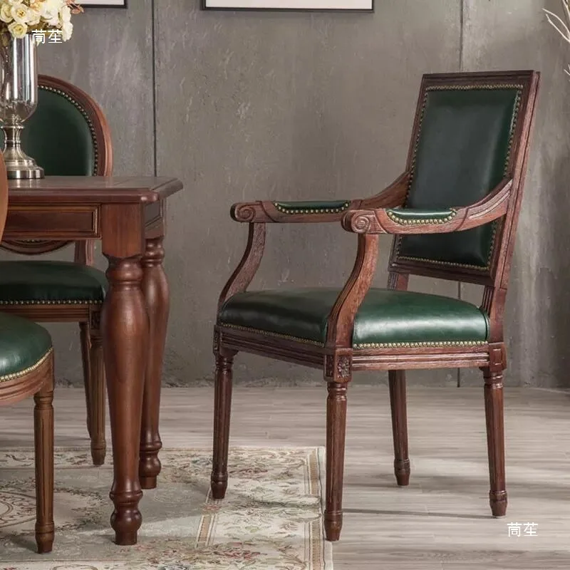Hotel coffee chair restaurant home oak solid wood dining chair full armrest American  retro backrest old