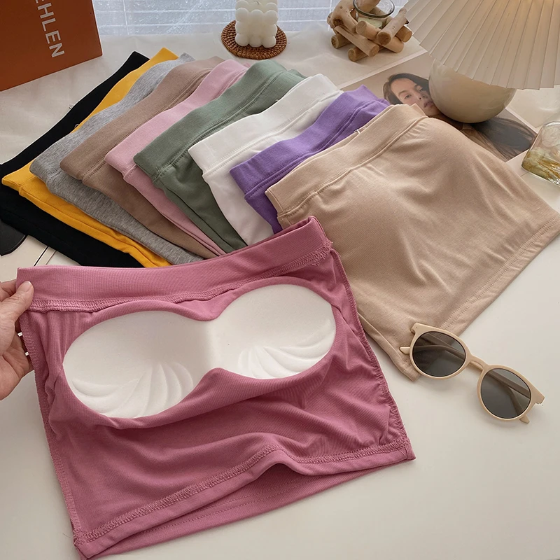 Pure Color Short Tank Top Women's Summer New Korean Style Padded Wrap Chest Vest Beautiful Back Underwear Trendy