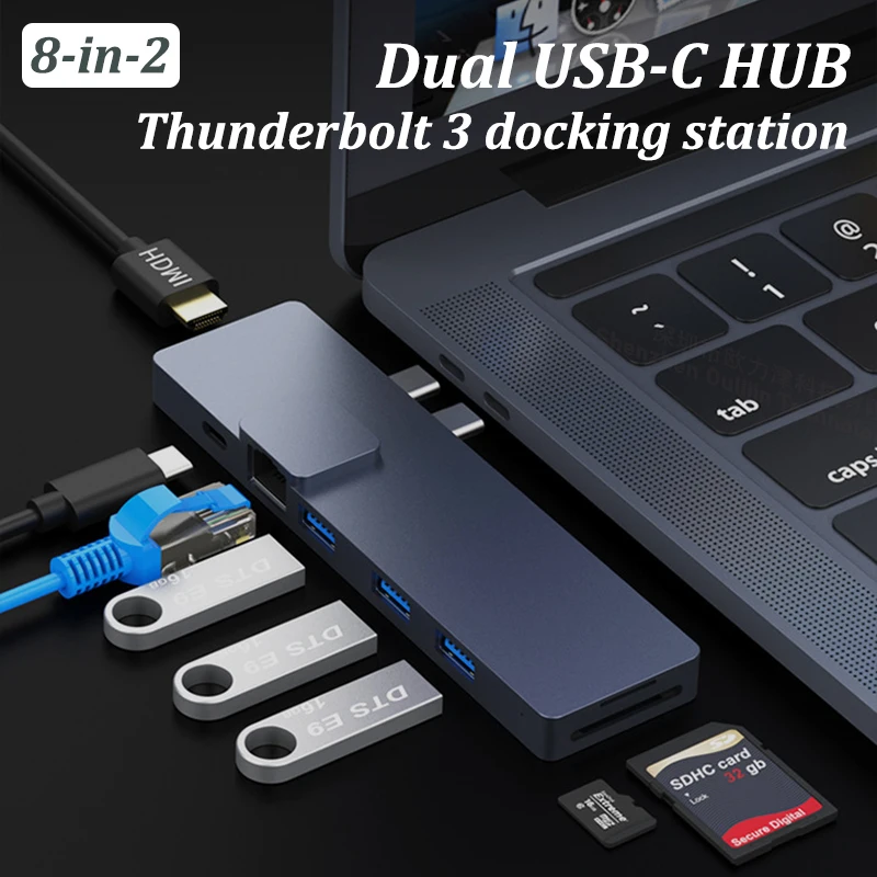 

Dual USB-C HUB For Apple MacBook Pro Air Accessories Thunderbolt 3 Docking Station 8K 60HZ Display 40Gbps Data PD100W Charging