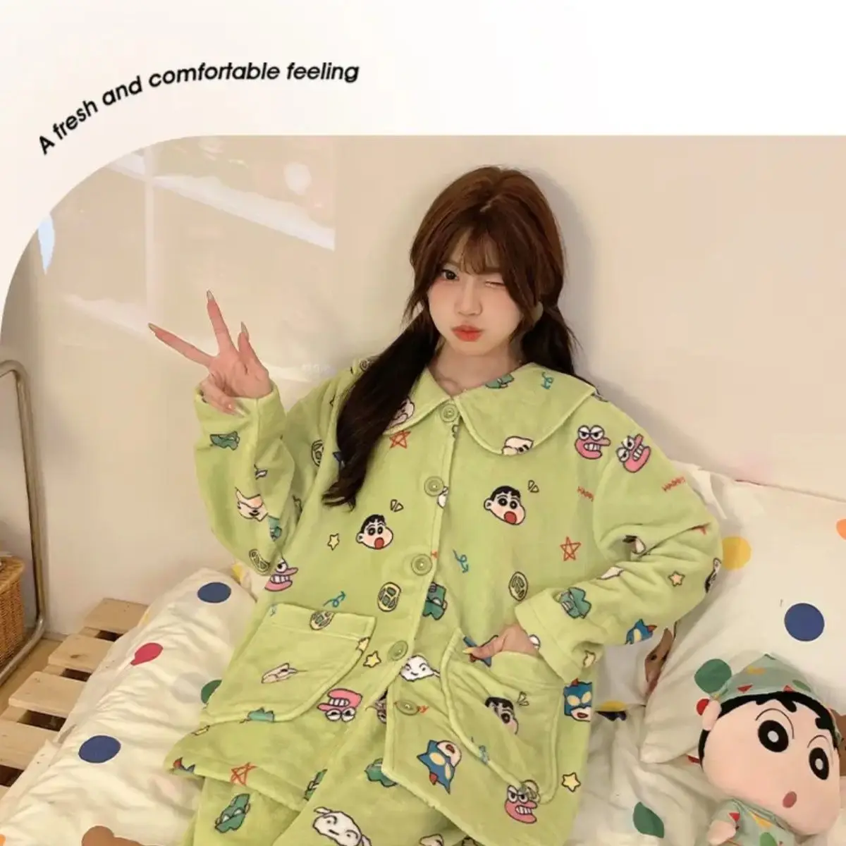 Ensemble de pyjama Crayon Shin-Chan pour femme, pantalon long à manches longues, glouton chaud, mignon, décontracté, salon, filles, hiver, nouveau, 2024