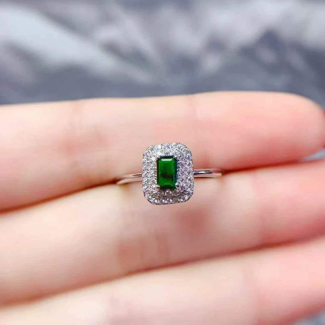 Hotsale 925 الفضة خاتم الأحجار الكريمة 3 مللي متر * 5 مللي متر الديوبسيدي الطبيعي الدائري 18 كيلو مطلية بالذهب الفضة حقيقية الكروم ديوبسيدي الفضة والمجوهرات