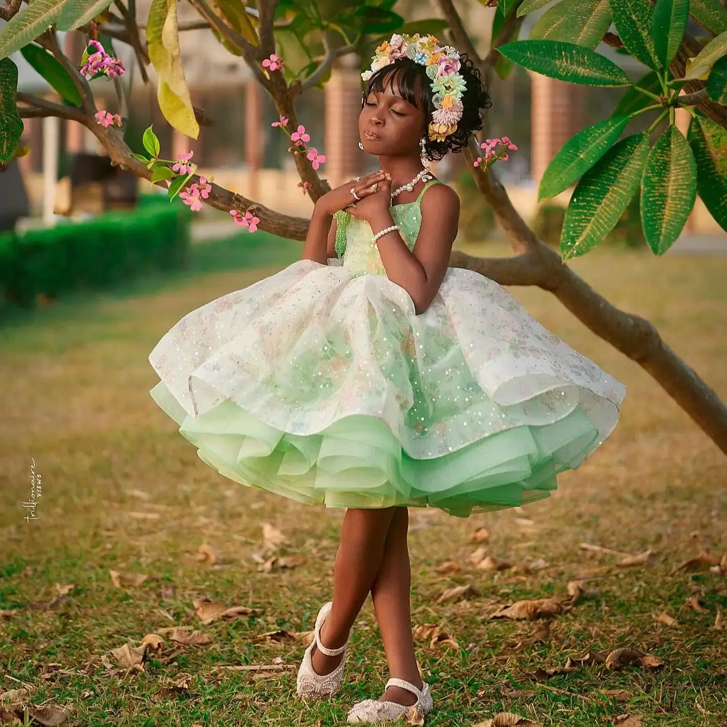 Abito da ragazza di fiori verde menta per abiti da ballo Appliqued con perline per feste di matrimonio vestito da festa di compleanno per bambini piccoli