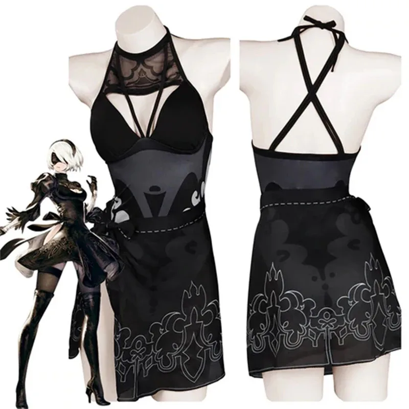 Nuevo juego de Anime 2025 Nier Automata Yorha 2B disfraz de Cosplay Sexy hueco Bikini de dos piezas traje de baño cuello Halter traje de baño Bathin ❤ ❤ dd