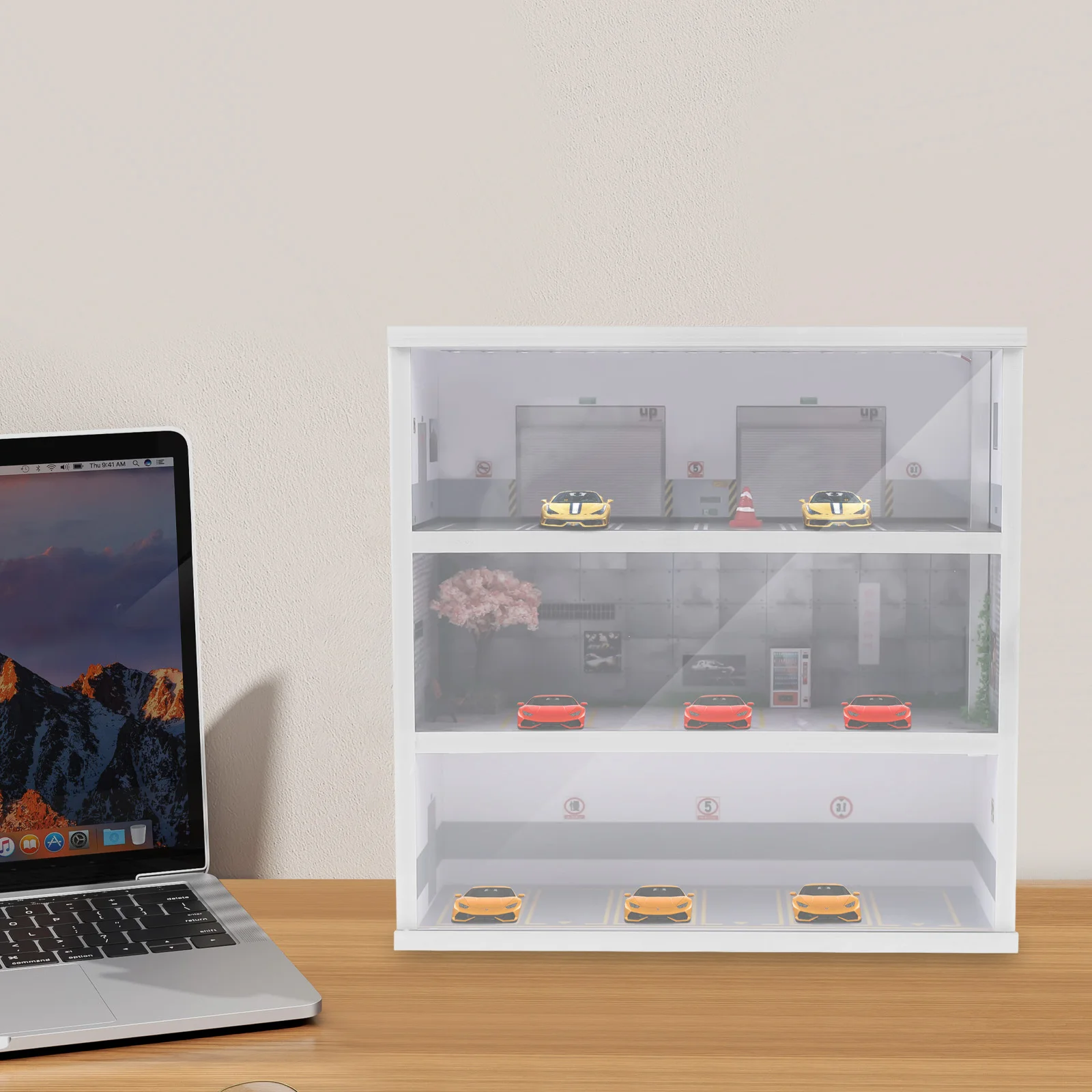 1:64 Simulation Diorama Parking Lot Display Case, 3 Tier 16 Parking Spaces Model Car Display Case with LED Light, Car Parking Lot Model for Diecast Car Collection - view 5