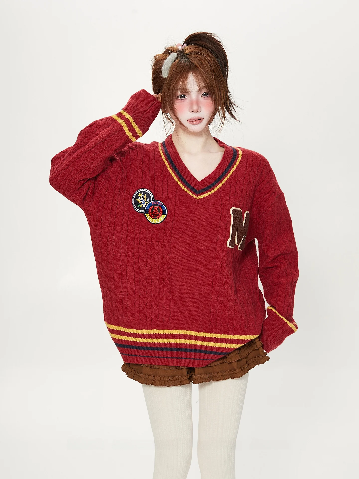 

Свободный красный свитер с v-образным вырезом, женский осенне-зимний трикотаж, удобный повседневный свитер Long Sve Thermal Faion College Sle