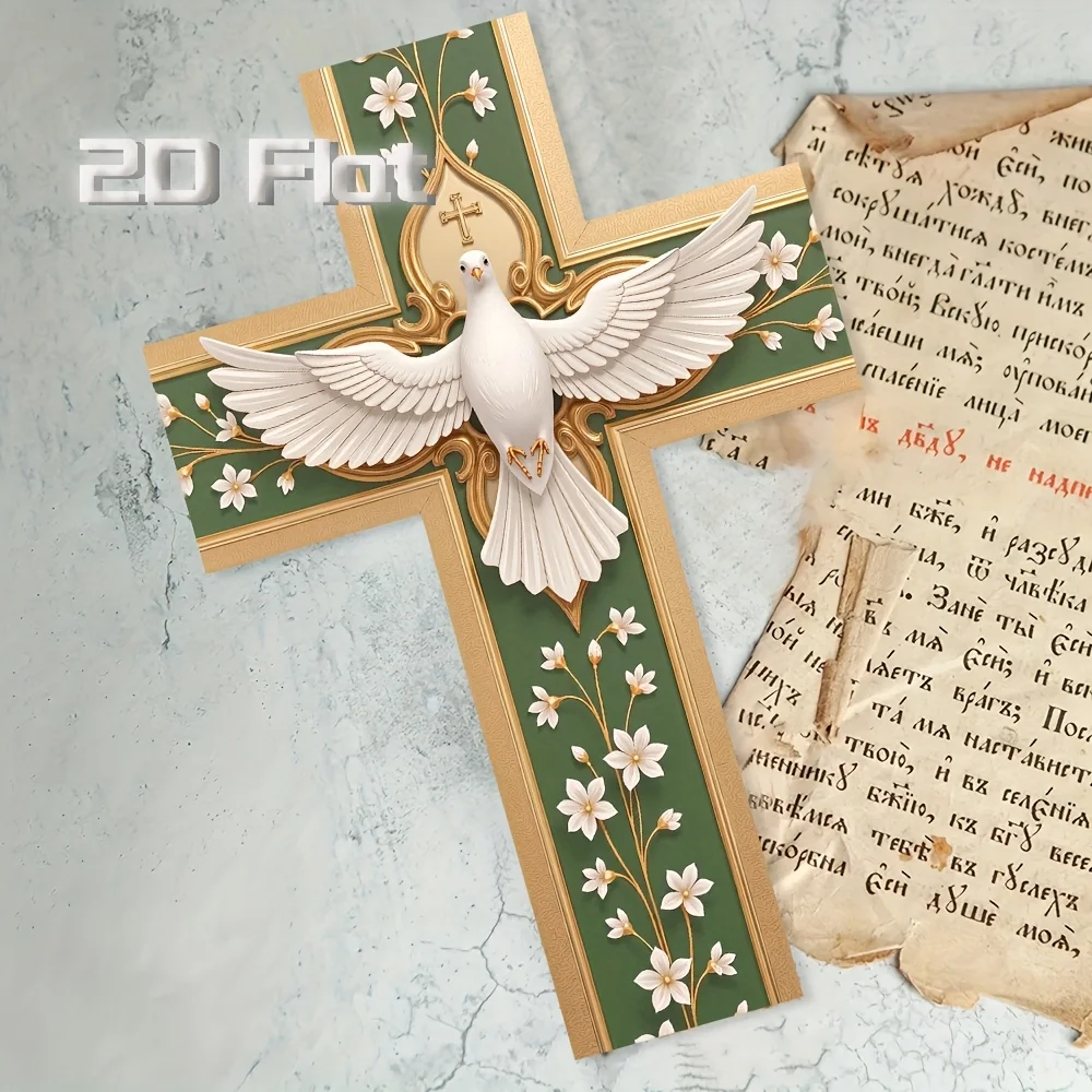 Vintage-style Wooden Wall-mounted Cross Featuring 2D Design with White Doves and Floral Decor Perfect for Home and Church Decor view 2