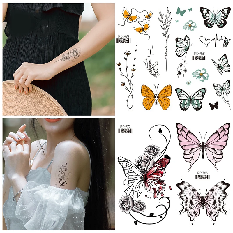 Waterproof Temporary Tattoo Stickers Butterfly Rose Flower Tattoo Sticker Waterproof Women Men Body Art Wrist Neck Fake Tattoos