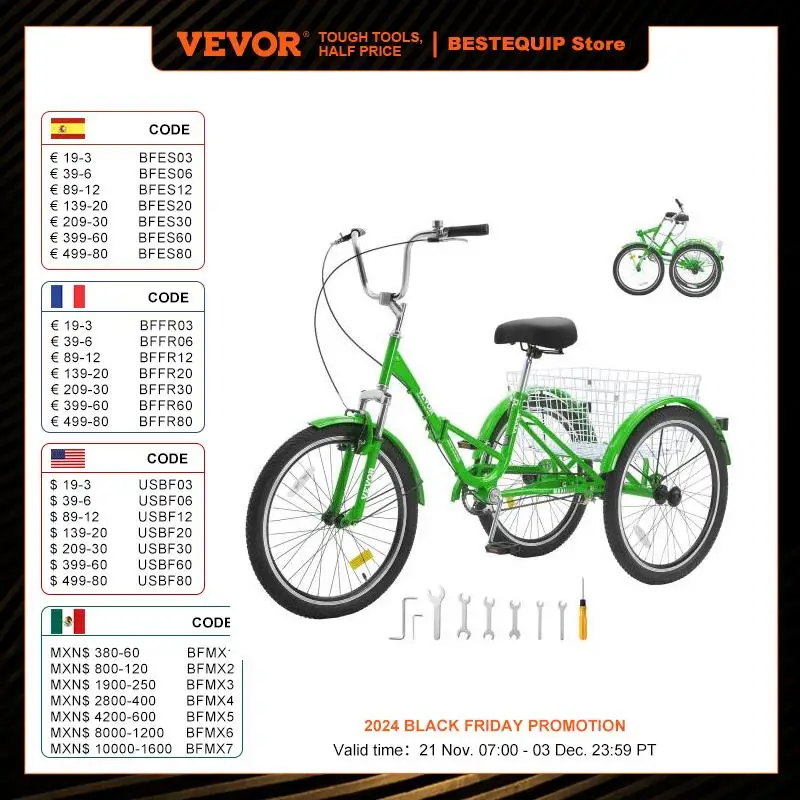 VEVOR 20/24/26-Inch Folding Adult Tricycle Carbon Steel 3 Wheel Cruiser Shopping Picnic Foldable For Women Men  Seniors 