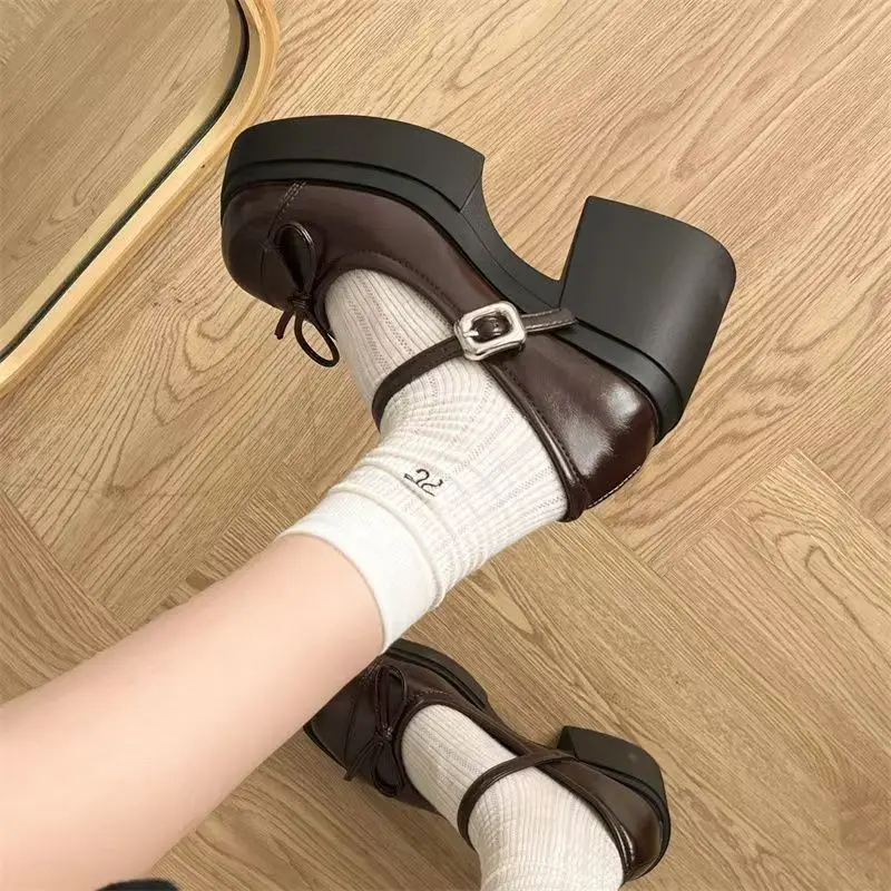 Damen Mary Jane Schuhe 2026 Plateau Dicke Hohe Absätze Elegante Outdoor-Pumps Frühling Herbst Damen Leder-Business-Schuhe