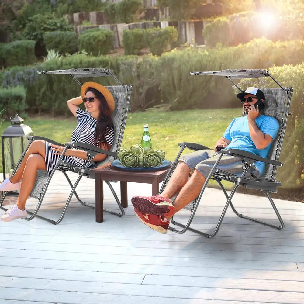 Folding Recliner Lounge Chair With Adjustable Sunshade Canopy, Cup And Magazine Holder, Steel Frame Outdoor Patio Poolside Beach Chaise For Adults, Gray