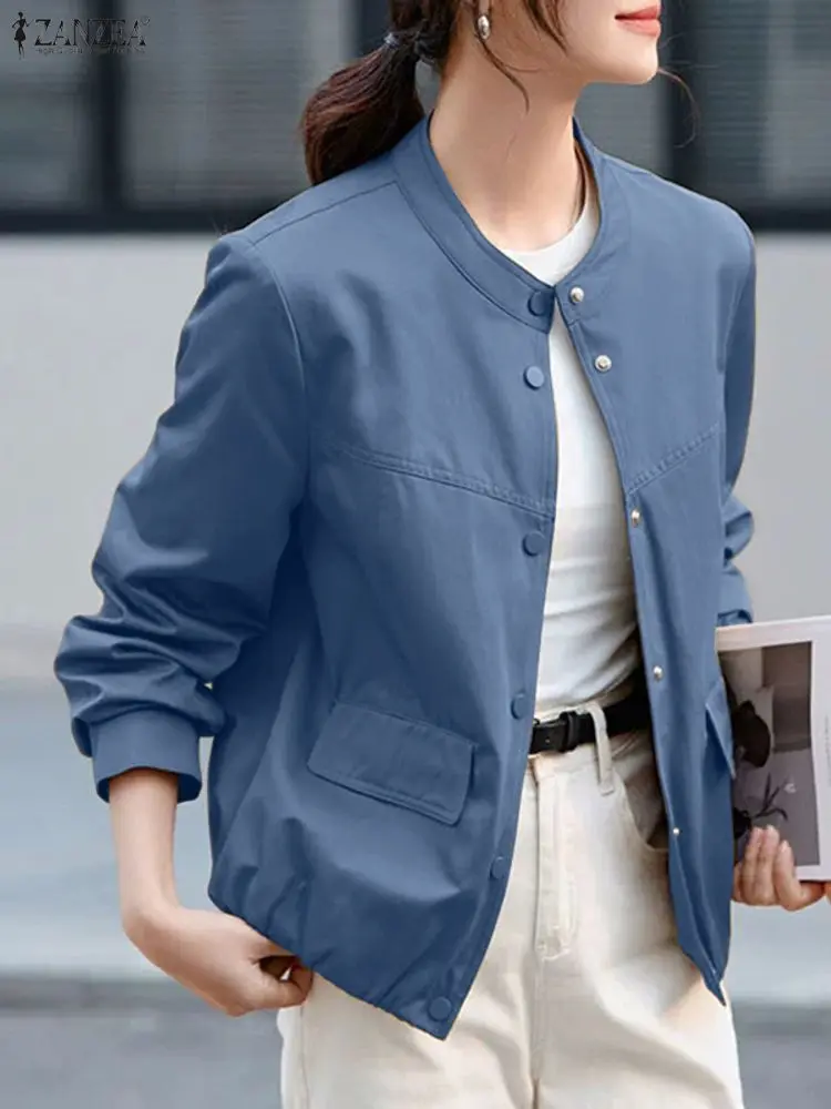 

ZANZEA Women Casual Jackets Autumn Long Sleeve O-Neck Button Up Elastic Hem Solid Color Coats Woman Commuting Outerwear S-3XL