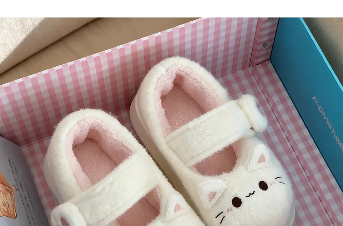Neue schwarze flauschige Katzenpantoffeln für Damen, bezaubernde Tier-Schuhe, flauschige Hausschuhe, Damen-Winter-Plüsch-Mary-Jane-Slipper. – Detail 10