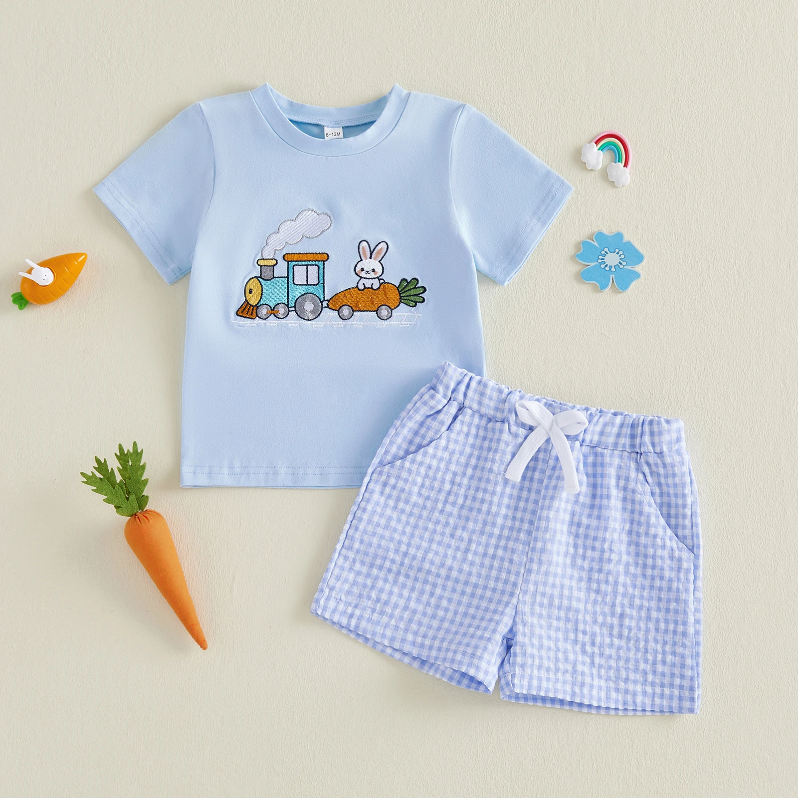 Toddler Boys Easter 2 Piece Outfits Adorable Train Rabbit Embroidery Short Sleeve Round Neck Tops and Shorts Set