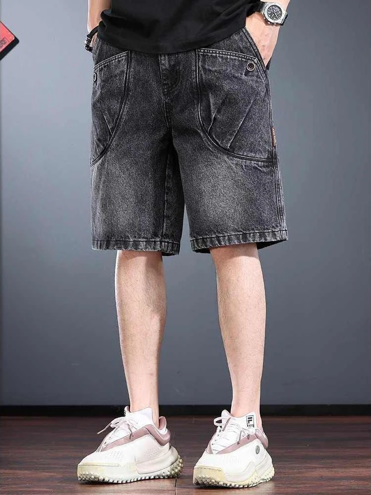 Premium Heavyweight Men's Denim Shorts Summer Washed Distressed American Retro Style Loose Fit Casual Workwear Mid-Length