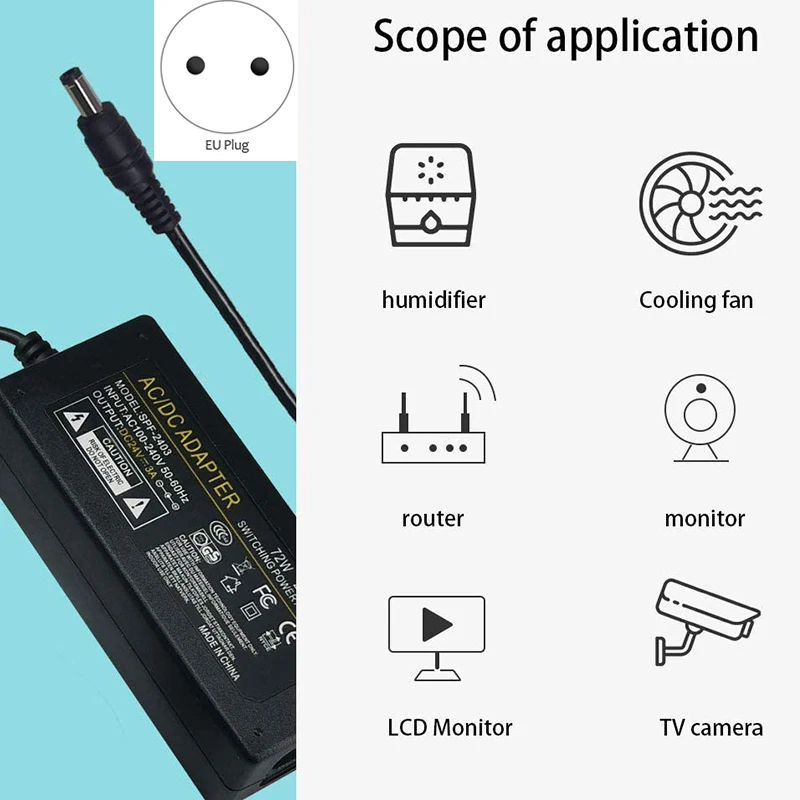 EU Plug Universal DC5525 AC 100V-240V to DC 24V 3A Power Switch Adapter 72W Switching Power Supply