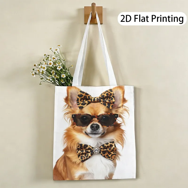 1pc Leopard Print Chihuahua Themed Printed Tote Bag, Reusabl