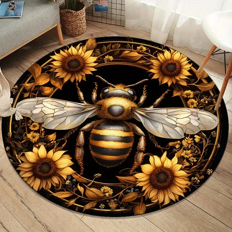 Bee & Sunflower Round Crystal Velvet Rug – Nature-Inspired Art Mat for Living Room & Bedroom