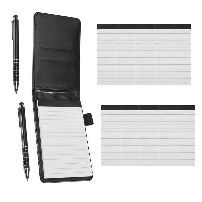 Solid 11 Pcs Mini Pocket Notepad Holder PU Leather Business Notebook Included 2 PCS Metal Pen 8 PCS Refillable Memo Book Black