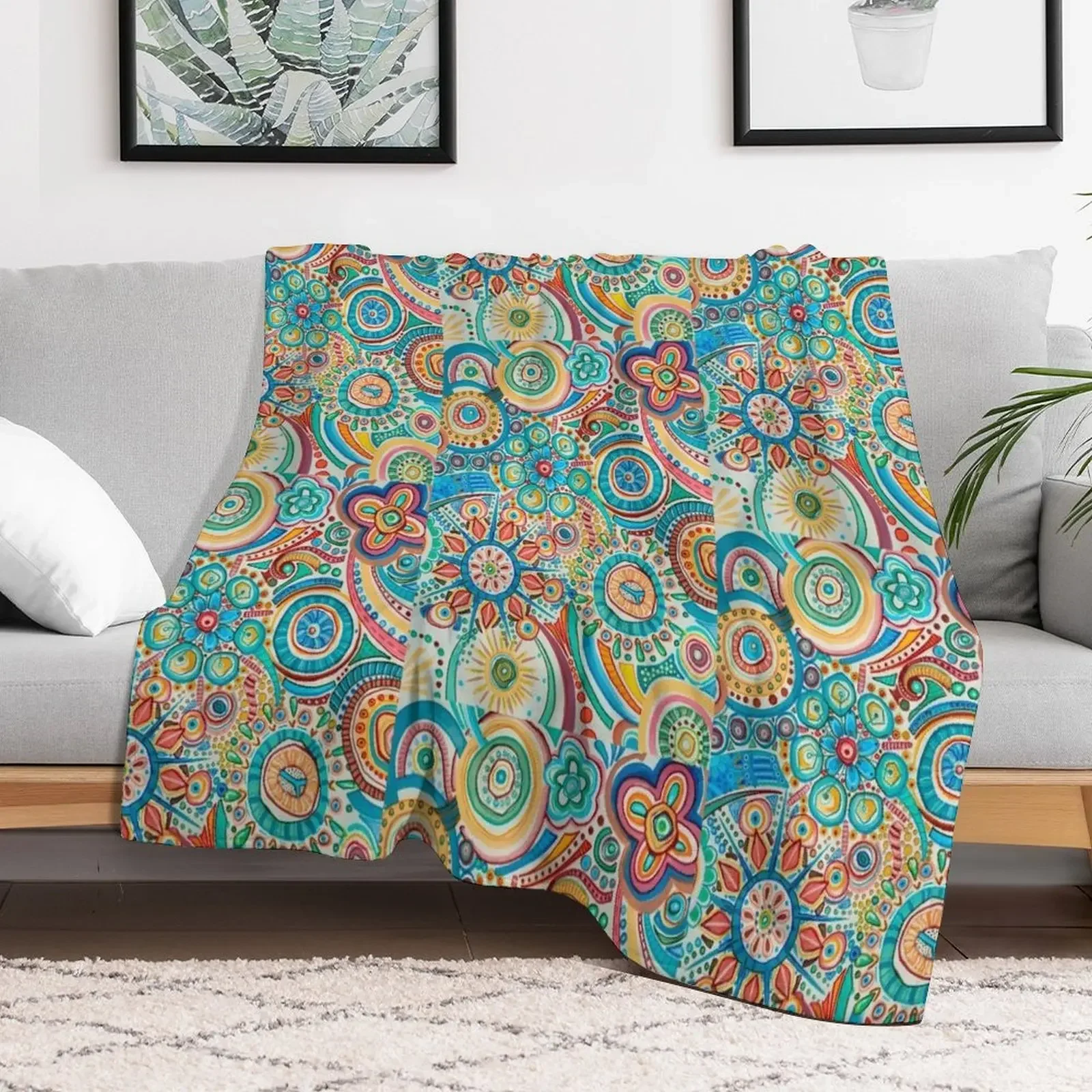 

Joy with flowers, stars, blue, yellow, green, orange, red mandala Throw Blanket Heavy Shaggy Blankets