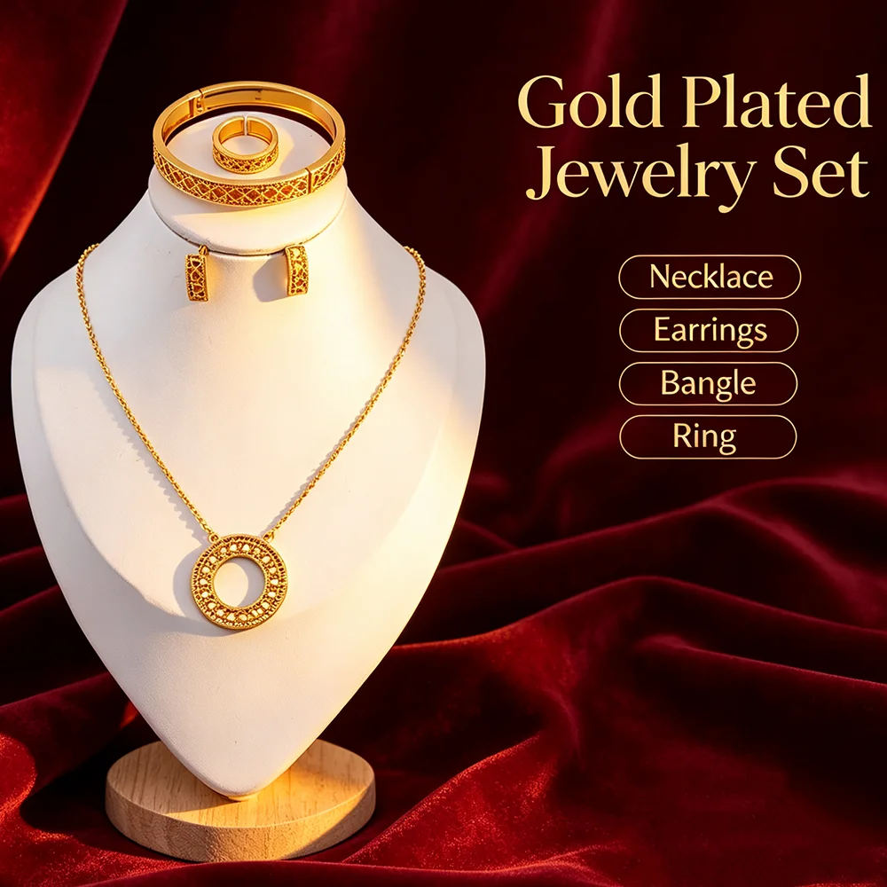 18K vergoldetes, hohles, geometrisches 4-teiliges Schmuckset für Damen, luxuriöse Kreis-Halskette, Armband, Ohrringe, Ring, Hochzeits- und Alltagsschmuck, Geschenk – Detail 7