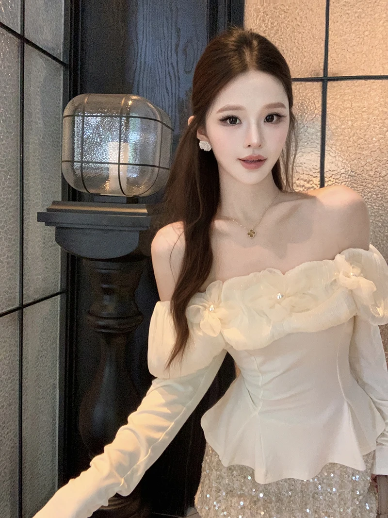 تي شيرت Ele Floral One-oulder بقصة ضيقة طويلة Sve Sweet Base تي شيرت Sli Top لموسم الخريف للسيدات Faion