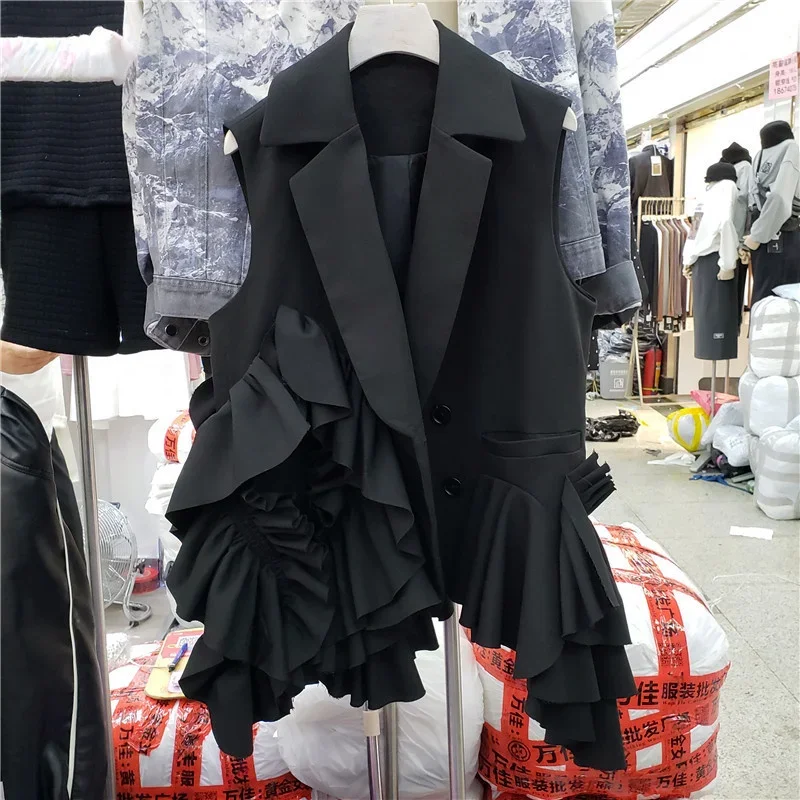Suit Collar Irregular Ruffles Short Blazers Vest Women Sleeveless Jacket Korean Loose Short Ruched Suit Vests Waistcoat Female