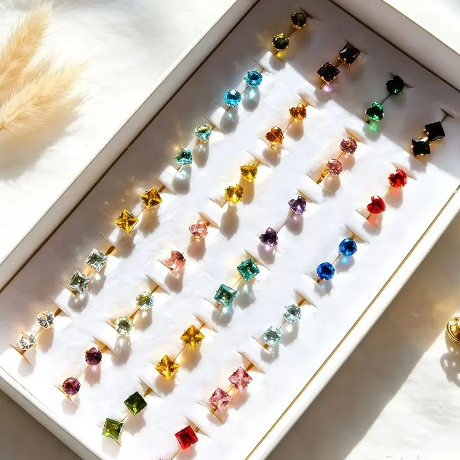12/24/36Pairs Fashion Sparkly Rhinestone Stainless Steel Stud Earrings For Women Vibrant Mixed‑Color Mix Jewelry Daily Vacation