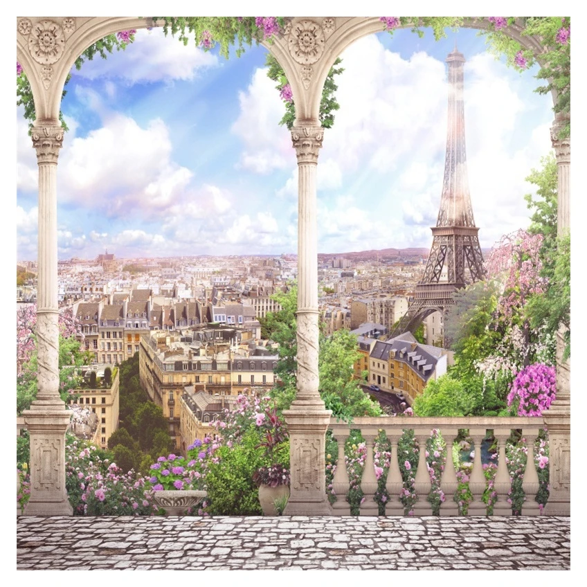 Laeacco  Old Town Effier Tower Paris Rooftop Railing Tree Sky Scenic Photo Backgrounds Photography Backdrops For Photo Studio