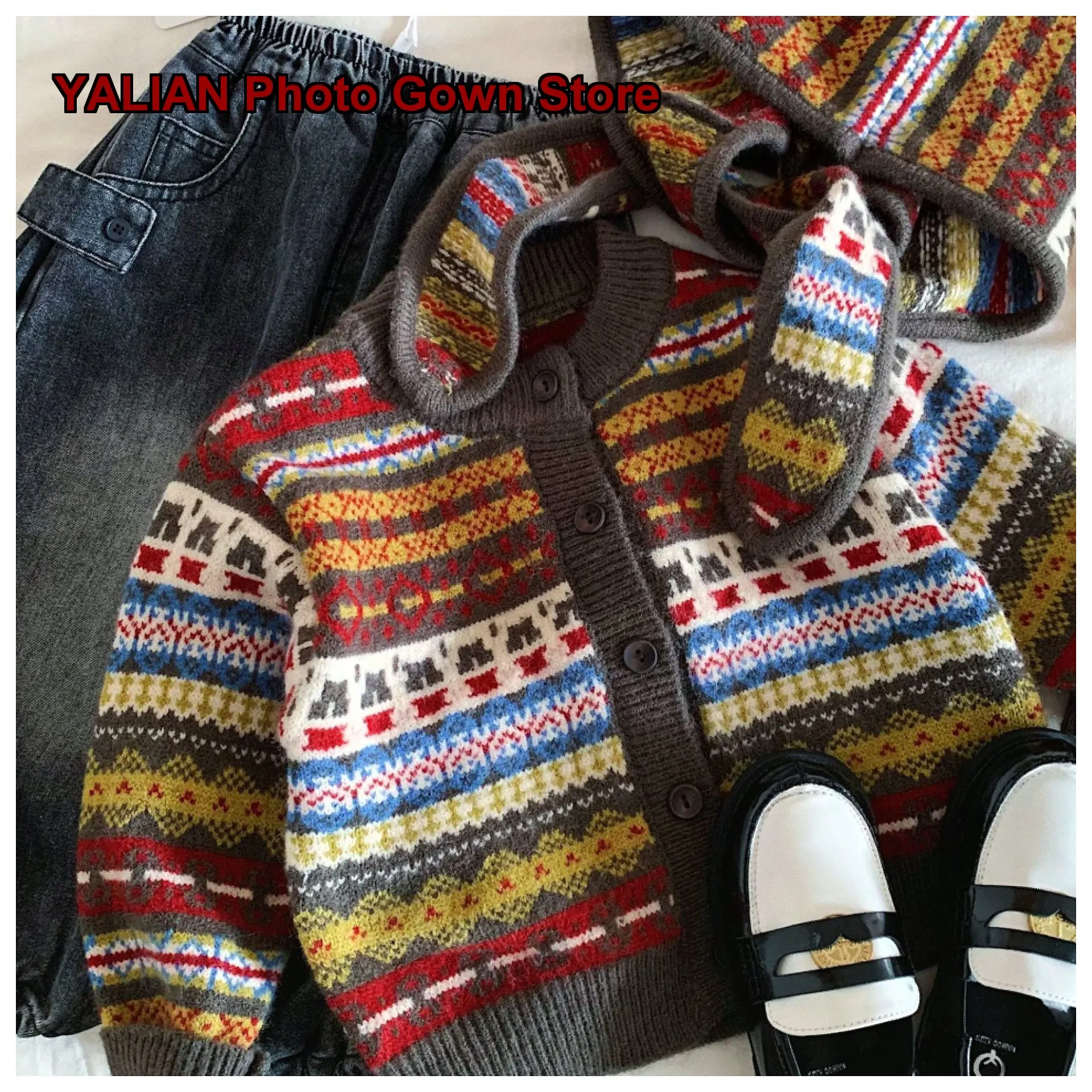 Kids Fair Isle Hooded Shawl Boys Girls Autumn Knit Cape