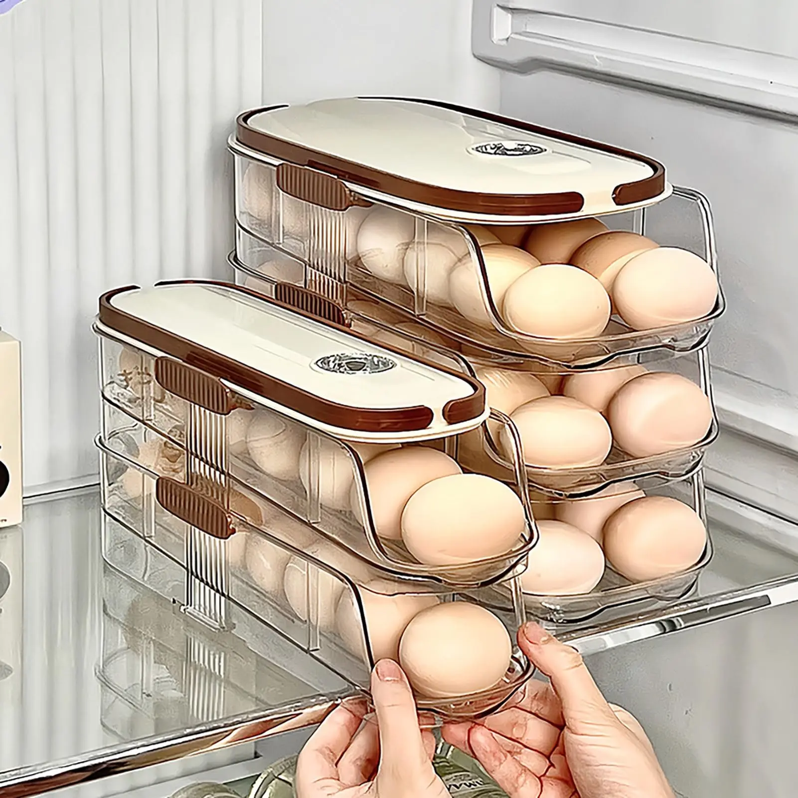 Egg Holder for Refrigerator Automatic Rolling, Storage Box Transparent Stackable Fridge Organizer with Lid For Kitchen