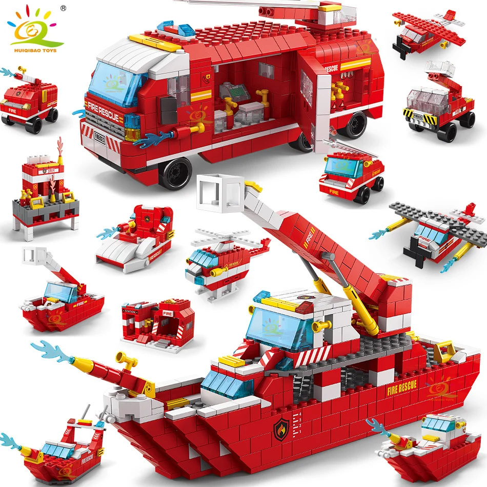 

HUIQIBAO 6in1 Fire Fighting Trucks Car Station Helicopter Boat Building Blocks City Rescue Firefighter Bricks Toys Children