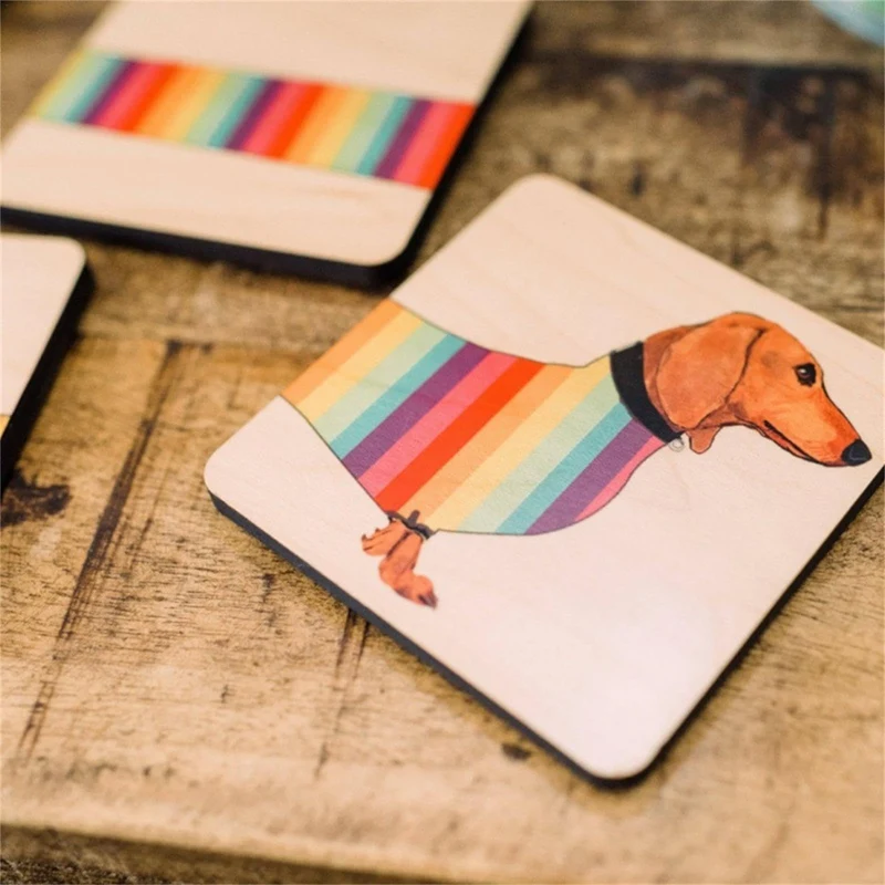 BEAU-Set Of 4 Dachshund Coasters With Holder, Dachshund Dog Wood Coaster Set Dining Table Decor, Animal Themed Coasters