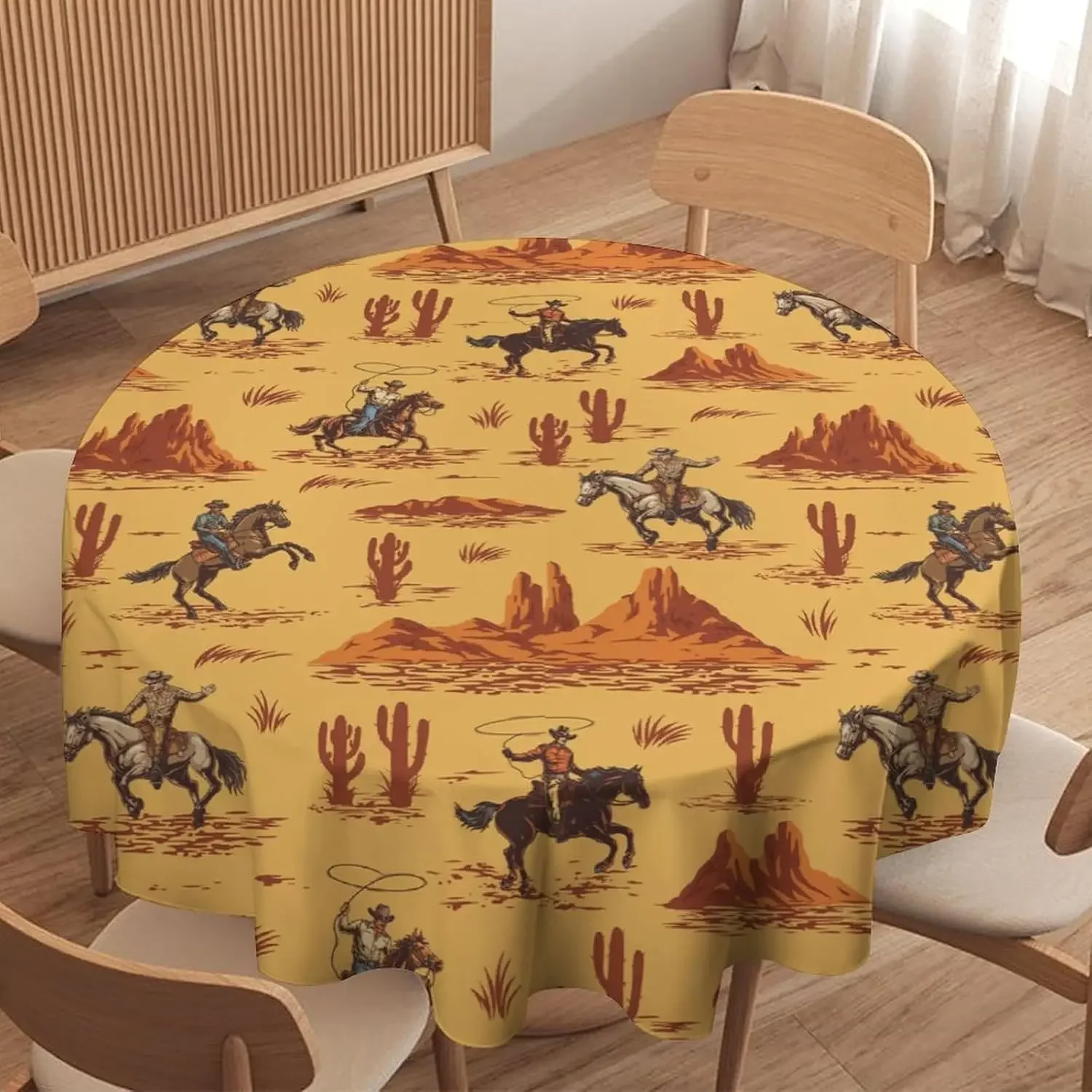 Retro Rustic Wild Cowboy Ride Horse Circle Tablecloth - Vintage Desert Cactus Home Party Dining Kitchen Cover