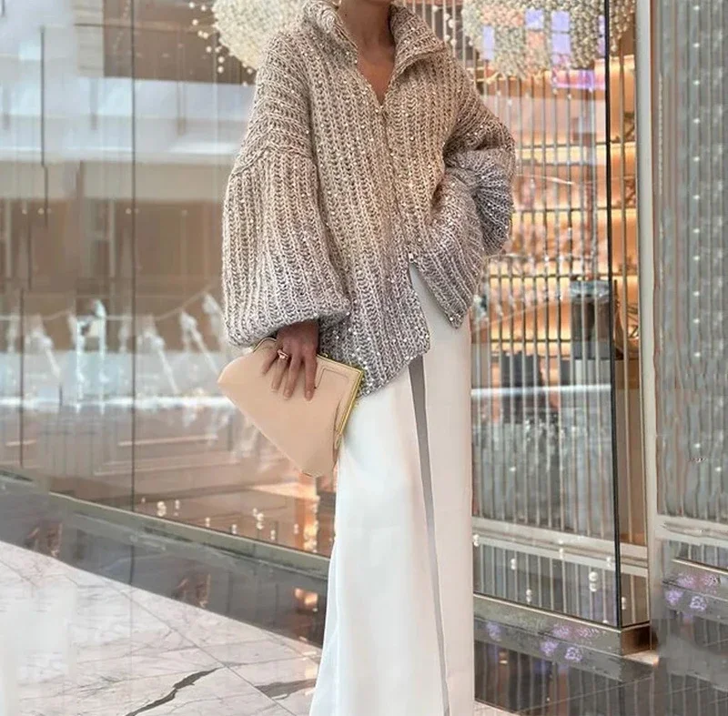 Versatile Women Cardigan Sweater 2023 Autumn and Winter New Elegant Sequin V-neck Zipper Long Sleeves Y2k Hoodies for Female