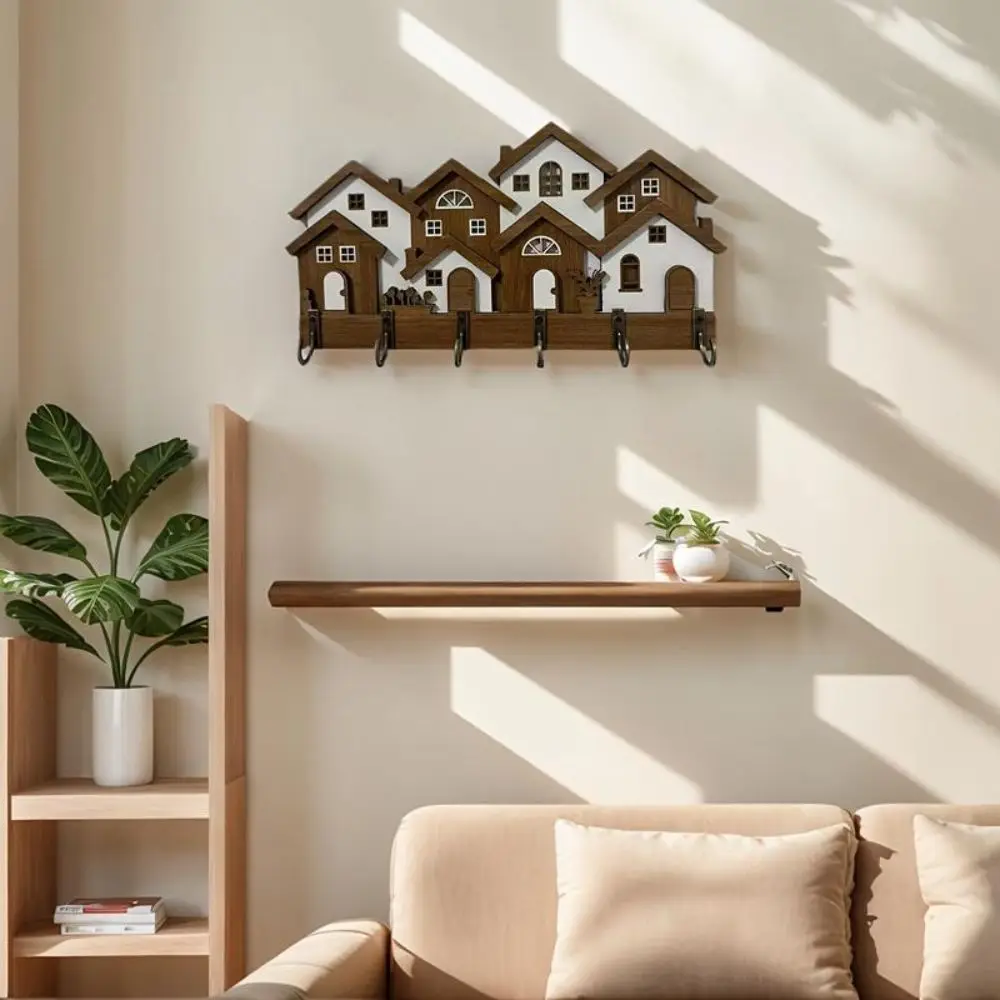 Gifts Wood Wooden Key Holder 2D Flat House Shape House Key Holder Wall Mounted Colorful Wall Key Rack Entryway Organizer