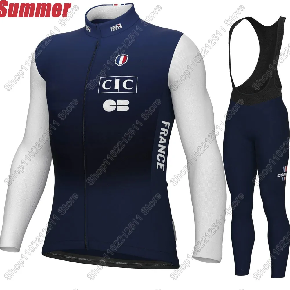 2025 Frankrijk Nationaal Team Wielertrui Set Franse Kleding Pak Heren Lange Mouw MTB Bike Road Broek Bib Ropa Ciclismo