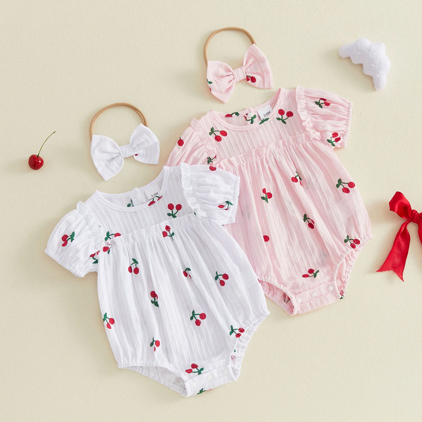 Baby Girls 2 Piece Bodysuit Outfits Sweet Cherry Print Bubble Short Sleeve Round Neck Romper Headband Set
