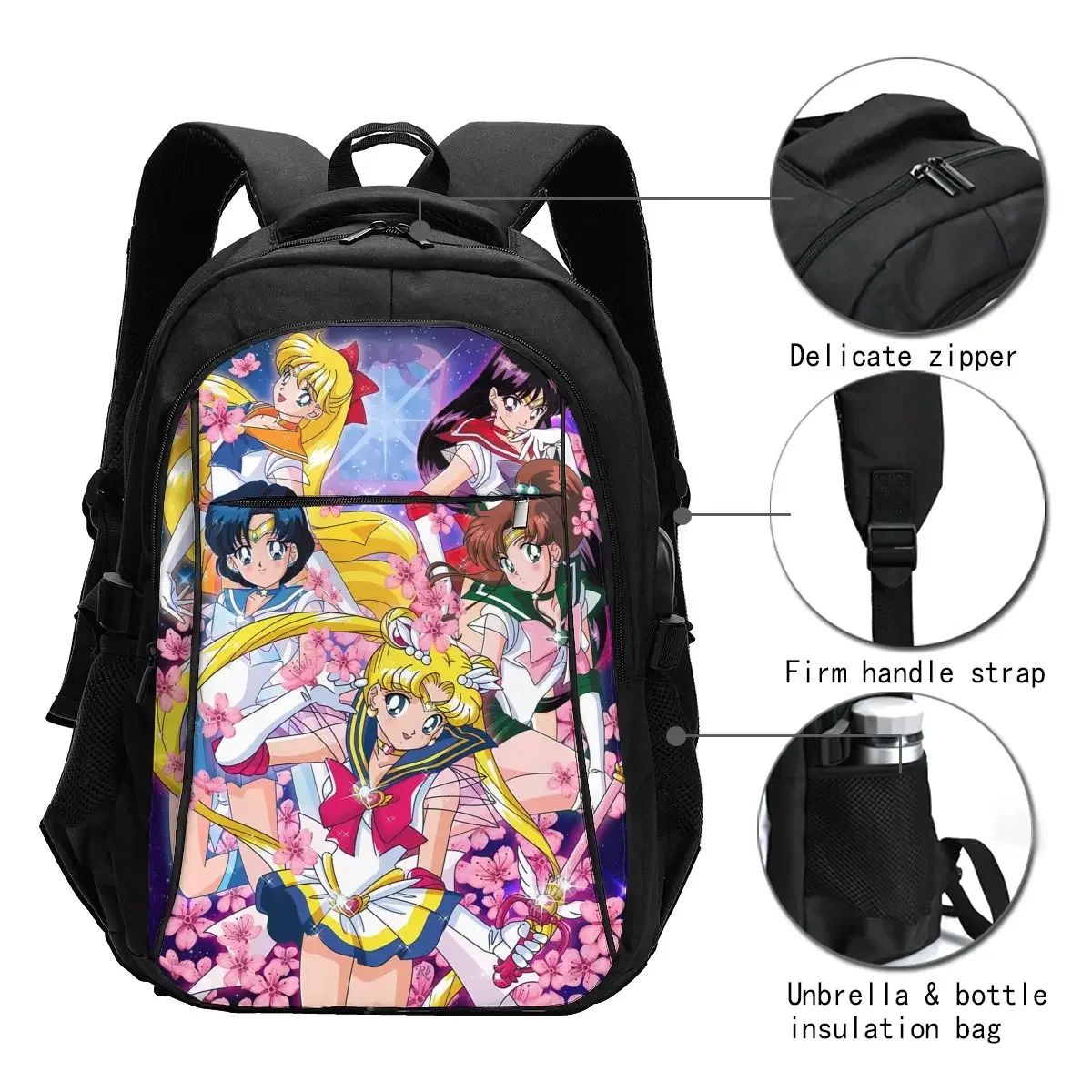 Anime S-sailor Girls Moon Travel Laptop Backpack, Business Water Resistant Laptop Backpack with USB Charging Port, College Bag