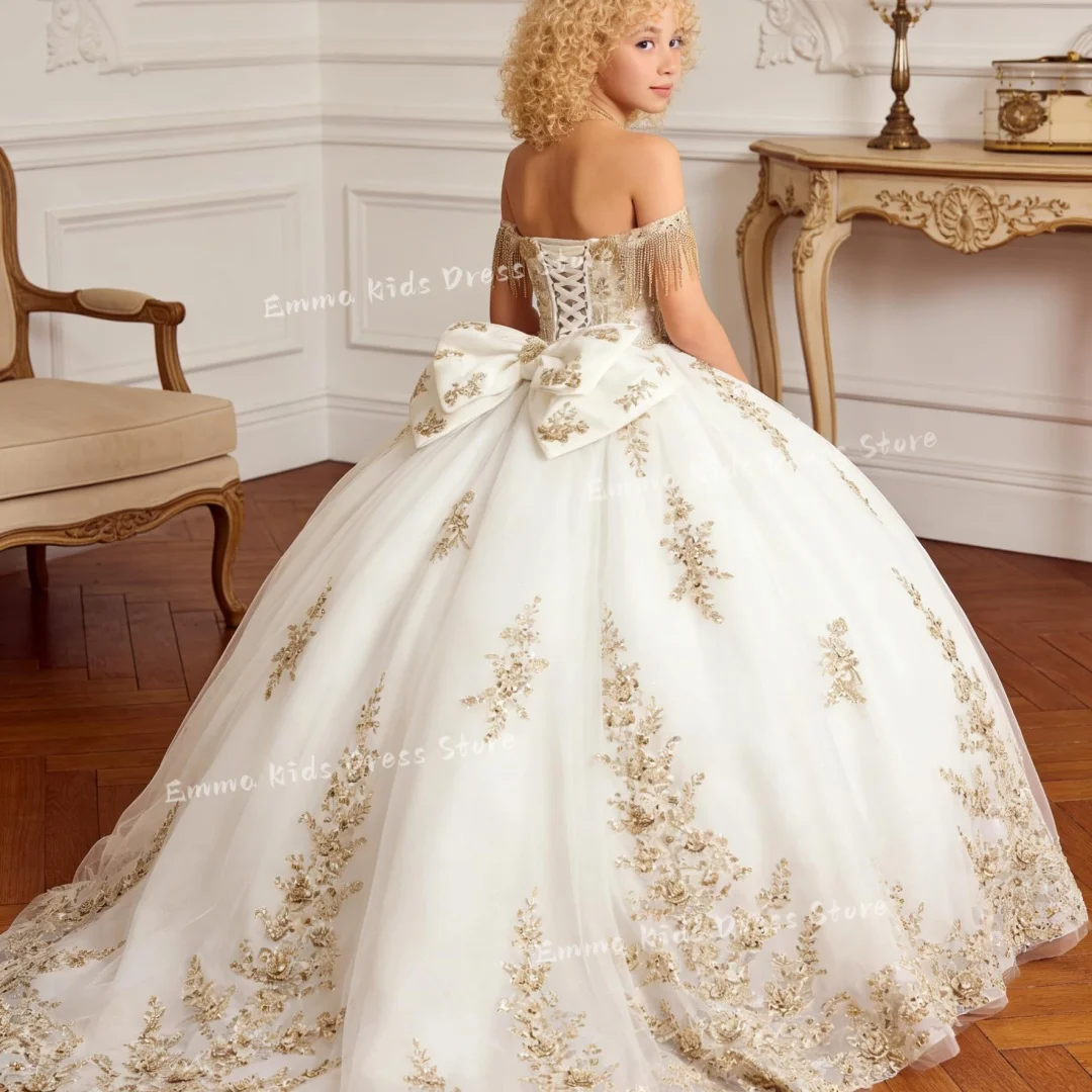 Custom Gold Applique Flower Girl Dress with Tassel Sequins, Girl's Puffy Skirt, Off-Shoulder Bow Fairy Tale Ball Gown