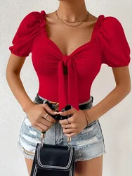 Mugen Solid Color Blouse Knot Front Casual Women's Clothing V-Neck Puff Sleeve T-Shirt Stripe Red Summer Clothes Women 2024 Tops