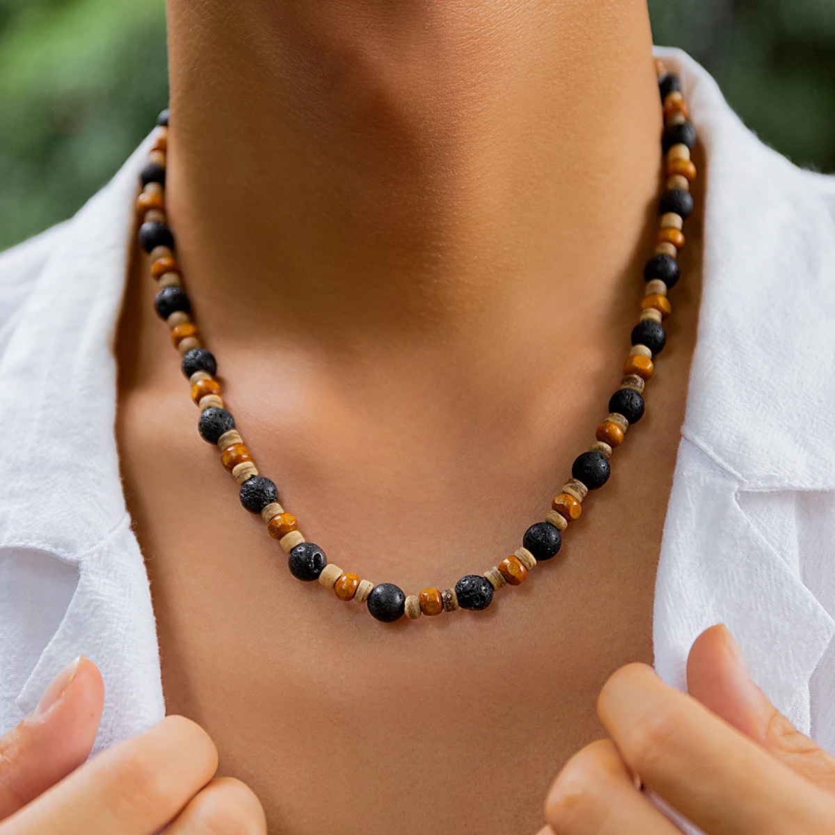 

Stone and Wood Beaded Short Choker Necklace for Men Trendy Small Beads Collar 2023 Fashion Jewelry on Neck Accessories Male Gift