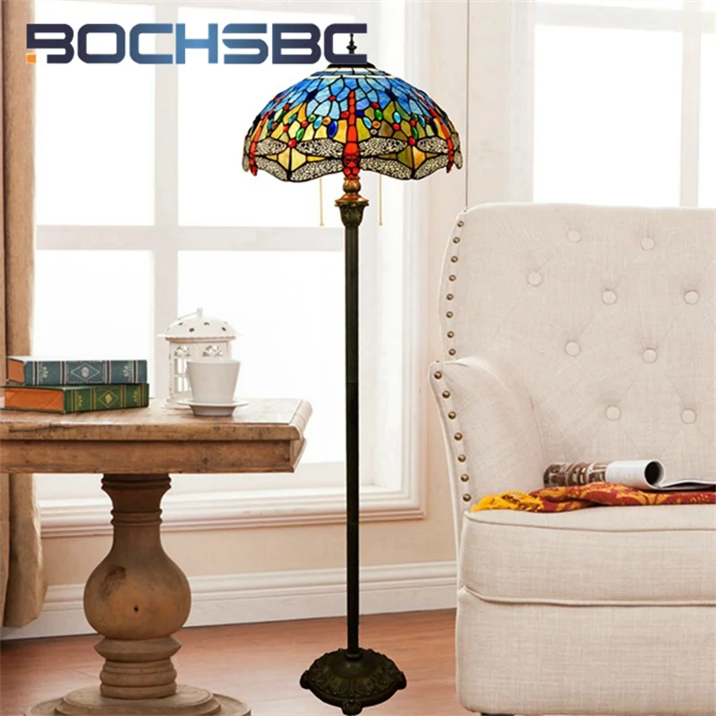 

BOCHSBC Tiffany glass Mediterranean retro style floor lamp Art Deco blue dragonfly living room dining room bedroom standing lamp