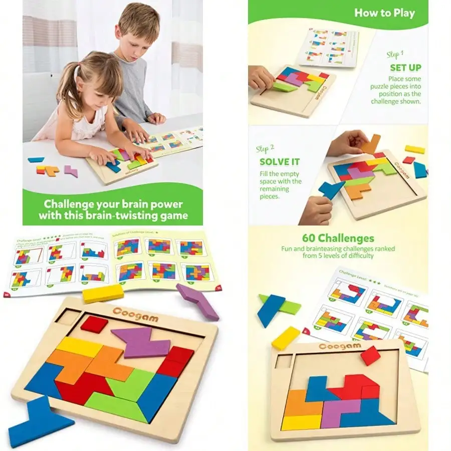 

Wooden Tangram Puzzle Blocks, 60 Challenges Geometric Brain Teaser Montessori STEM Toy