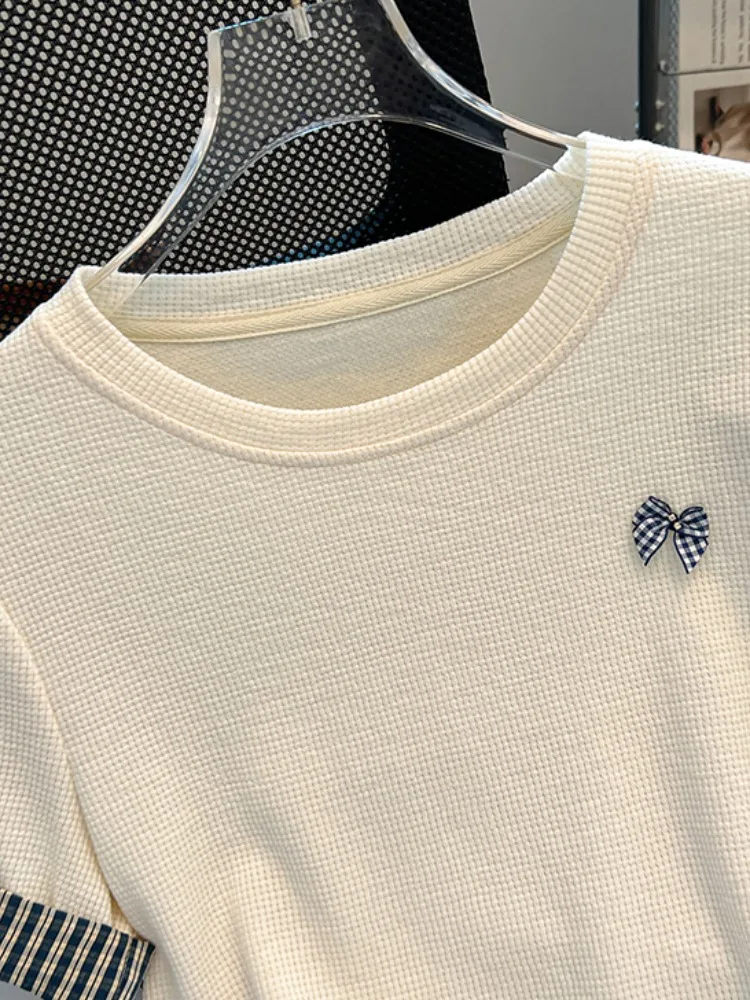 Summer ort Sve T-irt Women's Plaid Patchwork Design Sense oulder Top Korean Sle Loose Fit round Ne Casual irt